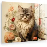 MuchoWow Glasschilderij 160x120 cm - Schilderij acrylglas - Vintage - Kat - Bloemen - Wit - Natuur - Dieren - Foto op glas - Muurdecoratie woonkamer - Wanddecoratie slaapkamer - Schilderijen