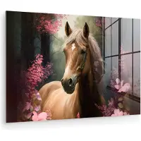 MuchoWow Glasschilderij 180x120 cm - Schilderij acrylglas - Paard - Bloemen - Roze - Natuur - Bos - Foto op glas - Muurdecoratie woonkamer - Wanddecoratie slaapkamer - Schilderijen