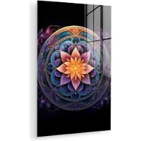 MuchoWow Glasschilderij 60x90 cm - Schilderij acrylglas - Mandala - Bloemen - Paars - Oranje - Zwart - Foto op glas - Muurdecoratie woonkamer - Wanddecoratie slaapkamer - Schilderijen