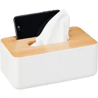Relaxdays tissue box - met telefoonhouder - bamboe deksel - 10x23x13 cm - kunststof - wit