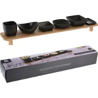 Koopman International Keramische snackkommetjes, zwart, op een dienblad van 50 cm, 7 stuks.
