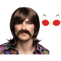Boland Hippie Sixties verkleedset - Pruik lang haar en plaksnor bruin - bril rood met ronde glazen - heren - Flower Power look