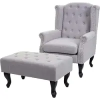MCW Fauteuil Chesterfield, relaxfauteuil Clubfauteuil Oorfauteuil, waterafstotende stof/textiel ~ grijs met voetenbank