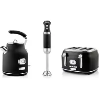WESTINGHOUSE Retro ontbijtset, broodrooster met 4 groeven, elektrische waterkoker, staafmixer, Staafmixer, Zwart