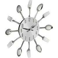 Relaxdays wandklok bestek - lepel en vork - Ø 31 cm - metaal - werkt op batterijen - tikt niet - zilver