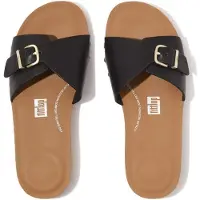 FitFlop Iqushion Adjustable Buckle Leather Slides ZWART 36
