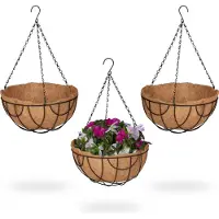 Relaxdays Hangende plantenmand - 3 manden kokos - 50x31 cm - hangplanten binnen buiten - metalen frame - bruin zwart