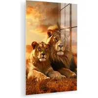 MuchoWow Glasschilderij 20x30 cm - Schilderij acrylglas - Leeuwen - Zonsondergang - Afrika - Savanne - Dieren - Foto op glas - Muurdecoratie woonkamer - Wanddecoratie slaapkamer - Schilderijen