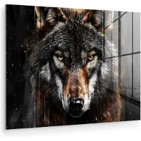 MuchoWow Glasschilderij 160x120 cm - Schilderij acrylglas - Dieren - Wolf - Portret - Zwart - Bruin - Foto op glas - Muurdecoratie woonkamer - Wanddecoratie slaapkamer - Schilderijen