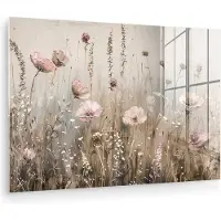 MuchoWow Glasschilderij 180x120 cm - Schilderij acrylglas - Bloemen - Roze - Modern - Beige - Foto op glas - Muurdecoratie woonkamer - Wanddecoratie slaapkamer - Schilderijen