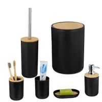 Relaxdays badkamer set - 6-delig - zeeppomp - wc-borstel met houder - prullenbak - zeepschaal - beker