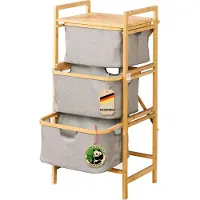 Floordirekt Wasmand Missouri - Bamboe Wasverzamelaar - Met 3 Vakken - Voor Vuile Was - Houten Wassorteerder Met Wasbox - Grijs & Bamboe-Kleuren