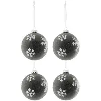 J-Line Doos van 4 kerstbal parels+sneeuwvlok glas grijs donker/wit small