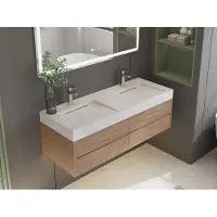 Vente-unique Hangende dubbele solid surface wastafel in wit marmer effect KODIAK - L.120.2 x B.45.2 x H.8 cm