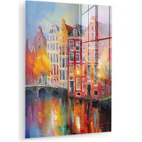 MuchoWow Glasschilderij 120x160 cm - Schilderij acrylglas - Grachtenpanden - Kunst - Schilderij - Amsterdam - Foto op glas - Muurdecoratie woonkamer - Wanddecoratie slaapkamer - Schilderijen