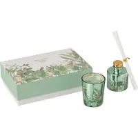 J-Line geschenkset geurkaars + geurstokjes Walk In The Woods - Evergreen & Silver birch - groen
