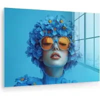 MuchoWow Glasschilderij 180x120 cm - Schilderij acrylglas - Vrouw - Bloem - Blauw - Modern - Bril - Portret - Foto op glas - Muurdecoratie woonkamer - Wanddecoratie slaapkamer - Schilderijen