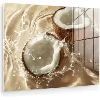 MuchoWow Glasschilderij 160x120 cm - Schilderij acrylglas - Kokosnoot - Water - Beige - Spetters - Foto op glas - Muurdecoratie woonkamer - Wanddecoratie slaapkamer - Schilderijen