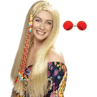 Smiffys Hippie Sixties verkleedset dames - Pruik lang haar blond - bril met ronde glazen rood - Flower Power thema