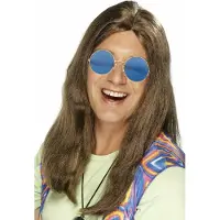 Smiffys Hippie Sixties verkleed set - Pruik lang haar bruin - bril ronde glazen blauw - heren