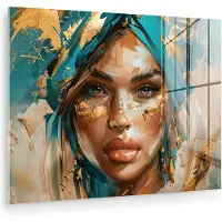 MuchoWow Glasschilderij 160x120 cm - Schilderij acrylglas - Vrouw - Portret - Goud - Luxe - Blauw - Foto op glas - Muurdecoratie woonkamer - Wanddecoratie slaapkamer - Schilderijen