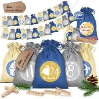 Kesser Adventskalender om zelf te vullen 24 Jute Zakjes Bedrukte Stoffen Kerst Zakjes Incl. 24x Labels + 1 Grote Stoffen Opbergzak Advent Kalender -Blauw / 14 cm x 10 cm