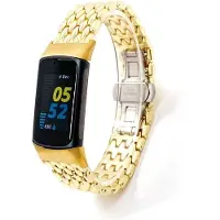 Strap-it Stalen Smartwatch bandje - Geschikt voor Fitbit Charge 5 / Fitbit Charge 6 stalen draak band - goud - Horlogeband / Polsband / Armband