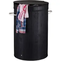 Relaxdays wasmand met deksel - wasbox rond - mand voor wasgoed - 65 liter - XXL - bamboe zwart