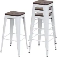 MCW Set van 4 barkrukken -A73 incl. houten zitting, barkruk tegenkruk, metaal industrieel ontwerp stapelbaar ~ wit