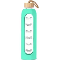 Intirilife Glazen Waterfles met Tijdsaanduiding in Groen - 820 - 900 ml inhoud - Motiverende waterfles met gripvaste siliconen en draaglus aan de dop voor sport, vrije tijd, werk
