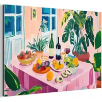 MuchoWow Aluminium schilderij 180x120 cm - Wanddecoratie metaal - Tafel - Wijn - Fruit - Metalen muurdecoratie woonkamer - Decoratie industrieel - Foto op dibond - Industriële accessoires slaapkamer