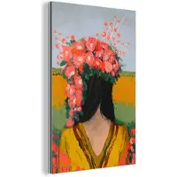 MuchoWow Aluminium schilderij 60x90 cm - Wanddecoratie metaal - Portret - Bloemen - Vrouw - Rood - Metalen muurdecoratie woonkamer - Decoratie industrieel - Foto op dibond - Industriële accessoires slaapkamer