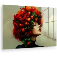 MuchoWow Glasschilderij 180x120 cm - Schilderij acrylglas - Vrouw - Appels - Rood - Bladeren - Foto op glas - Muurdecoratie woonkamer - Wanddecoratie slaapkamer - Schilderijen