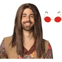 Boland Hippie Sixties verkleedset - Pruik lang haar bruin - bril rood ronde glazen - heren - Flower Power look
