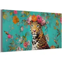 MuchoWow Aluminium schilderij 120x60 cm - Wanddecoratie metaal - Luipaard - Bloemen - Kroon - Metalen muurdecoratie woonkamer - Decoratie industrieel - Foto op dibond - Industriële accessoires slaapkamer