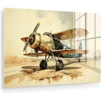 MuchoWow Glasschilderij 180x120 cm - Schilderij acrylglas - Vintage - Vliegtuig - Water - Beige -Voertuig - Foto op glas - Muurdecoratie woonkamer - Wanddecoratie slaapkamer - Schilderijen