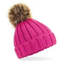 Beechfield Grof Gebreide Wintermuts Roze Met Bruine Pompon Voor Dames
