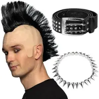 Boland Carnaval verkleed setje heren punker - hanekam pruik - spikes ketting - riem met studs