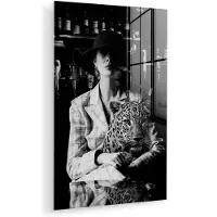 MuchoWow Glasschilderij 120x180 cm - Schilderij acrylglas - Vrouw - Luipaard - Luxe - Zwart - Wit - Dier - Foto op glas - Muurdecoratie woonkamer - Wanddecoratie slaapkamer - Schilderijen