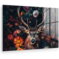 MuchoWow Glasschilderij 180x120 cm - Schilderij acrylglas - Hert - Dieren portret - Bloemen - Natuur - Hertenkop - Foto op glas - Muurdecoratie woonkamer - Wanddecoratie slaapkamer - Schilderijen
