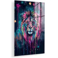 MuchoWow Glasschilderij 120x180 cm - Schilderij acrylglas - Leeuw - Verf - Kleurrijk - Zwart - Dieren - Foto op glas - Muurdecoratie woonkamer - Wanddecoratie slaapkamer - Schilderijen