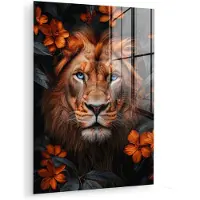 MuchoWow Glasschilderij 120x160 cm - Schilderij acrylglas - Leeuw - Dieren portret - Natuur - Bloemen - Dier - Foto op glas - Muurdecoratie woonkamer - Wanddecoratie slaapkamer - Schilderijen