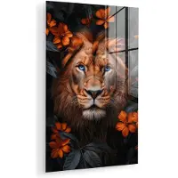 MuchoWow Glasschilderij 120x180 cm - Schilderij acrylglas - Leeuw - Dieren portret - Natuur - Bloemen - Dier - Foto op glas - Muurdecoratie woonkamer - Wanddecoratie slaapkamer - Schilderijen