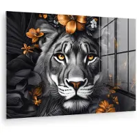 MuchoWow Glasschilderij 180x120 cm - Schilderij acrylglas - Tijger - Zwart wit - Goud - Bloemen - Botanisch - Foto op glas - Muurdecoratie woonkamer - Wanddecoratie slaapkamer - Schilderijen