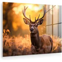 MuchoWow Glasschilderij 160x120 cm - Schilderij acrylglas - Hert - Gewei - Herfst - Bos - Bruin - Natuur - Bosdieren - Foto op glas - Muurdecoratie woonkamer - Wanddecoratie slaapkamer - Schilderijen