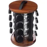 SmartaSaker Specerijrek Carousel met 16 Glazen Potten - Acaciahouten Stand, 20 x 20 x 31,5 cm
