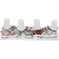 MCW Adventskrans langwerpig, kerstdecoratie adventsarrangement, hout 11x15x50cm wit-grijs ~ met kaarsen, wit