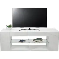 Mendler TV-rek -L36, TV-standaard TV-tafel lowboard TV-kast ladekast, hout 50x144x40cm opbergvak, hoogglans wit