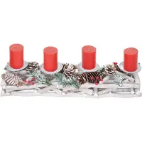 MCW Adventskrans langwerpig, kerstdecoratie adventsarrangement, hout 11x15x50cm wit-grijs ~ met kaarsen, rood