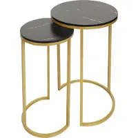 Mendler Set van 2 bijzettafels -K46, salontafel nachtkastje loungetafel, marmeren look MDF ~ zwart-goud